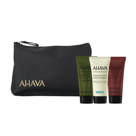 ערכת התנסות של AHAVA הכוללת מוצרי טיפוח פנים מינרליים נבחרים.